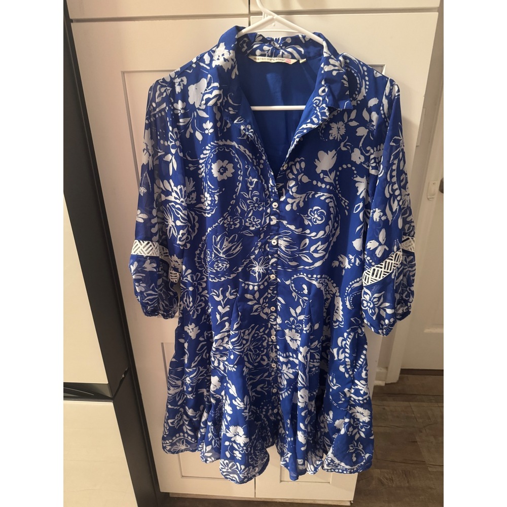 Melange Colour Me Womens Blue White Paisley Floral Lace Trim Shirt Dress Size S